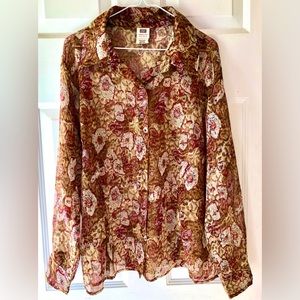 Faded Glory Golden Brown Red Taupe Fall Floral Sparkly Sheer Blouse 18W 20W Plus